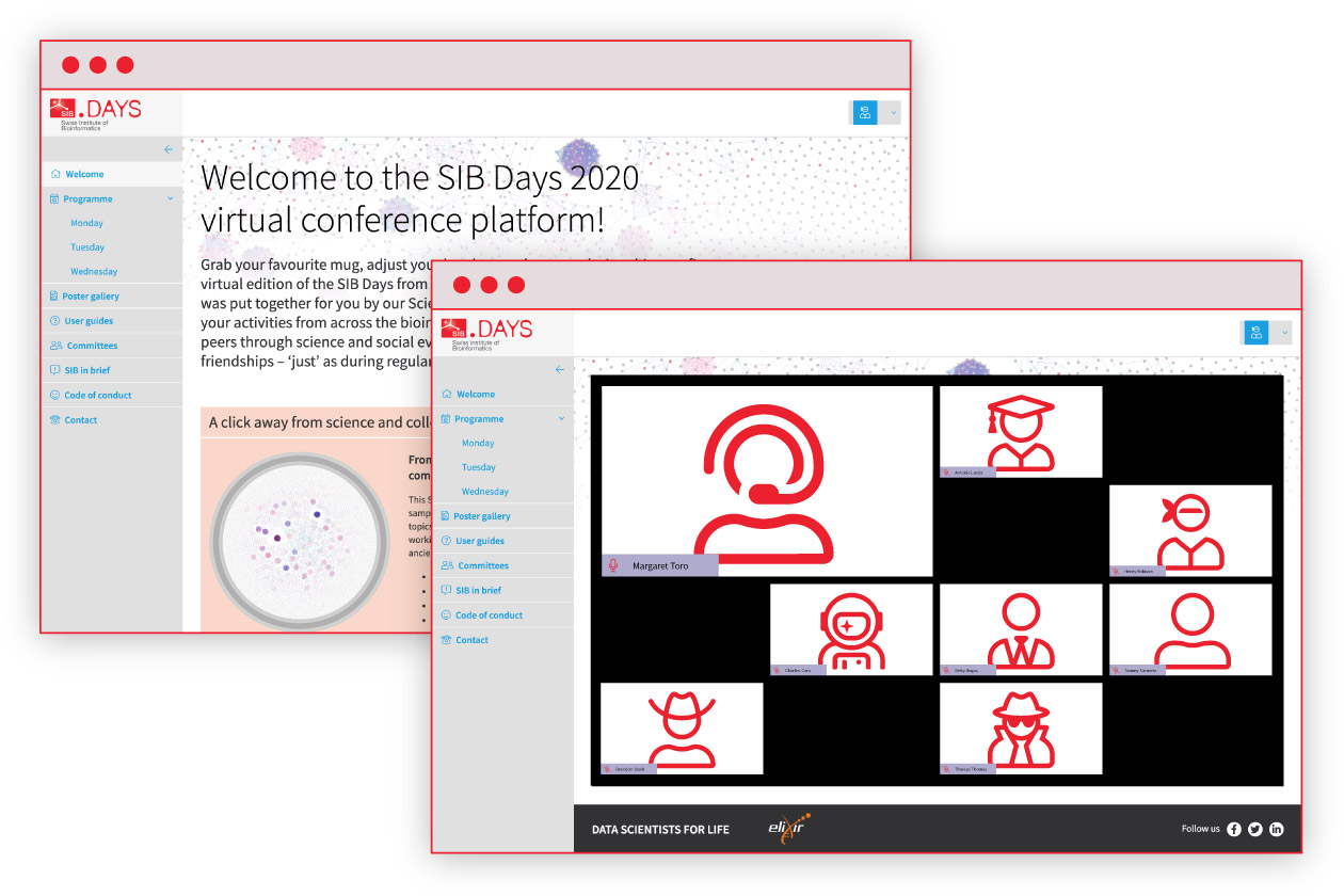 Deux captures d'écran de l'interface du site SIB Days, la page d'accueil et la partie vidéoconférence