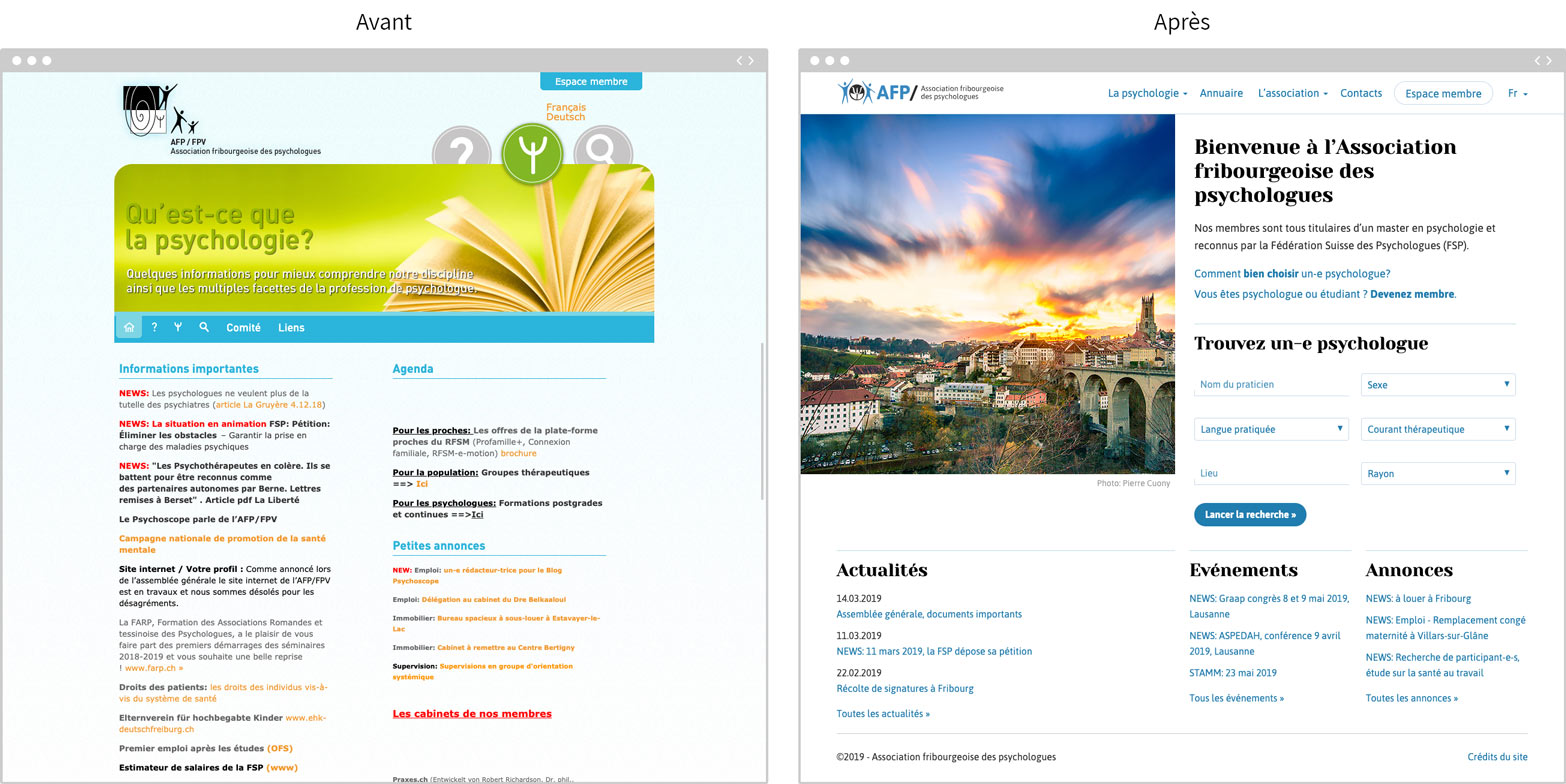 Pages d'accueil du site psy-fri.ch, avant et après