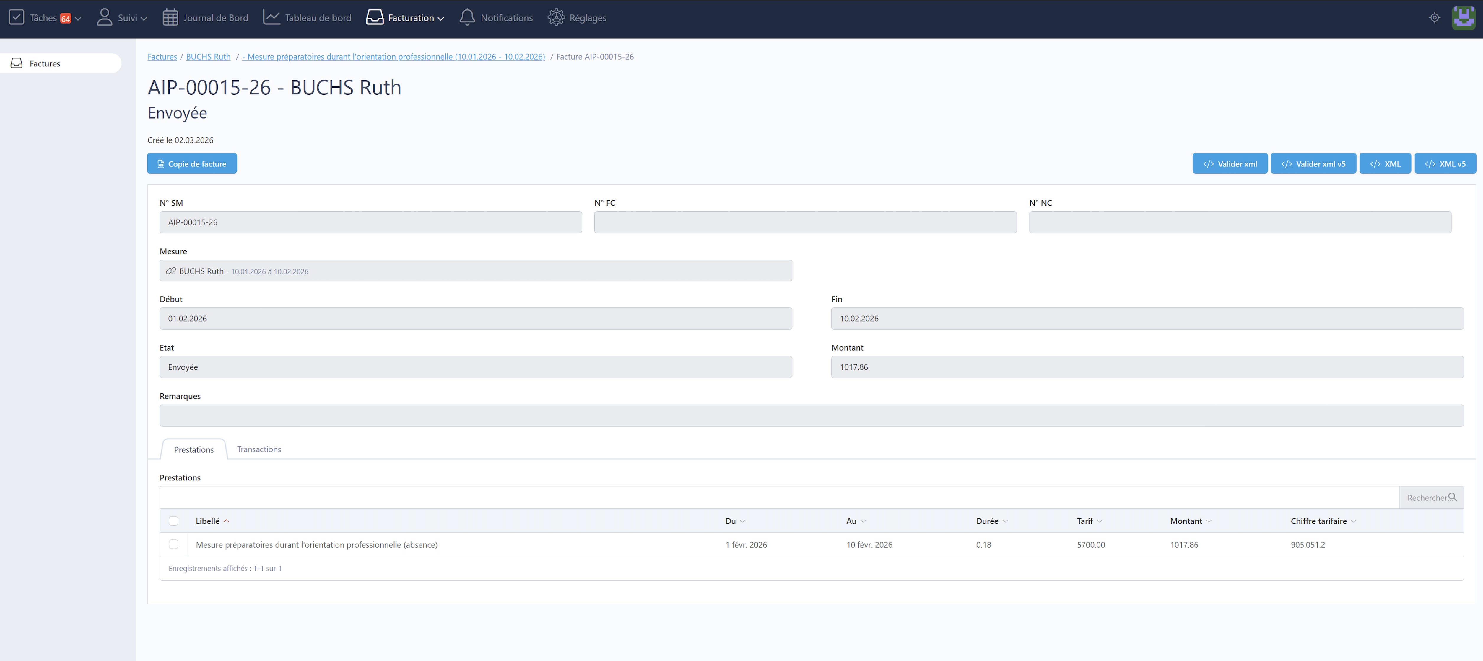 Ecran de facturation