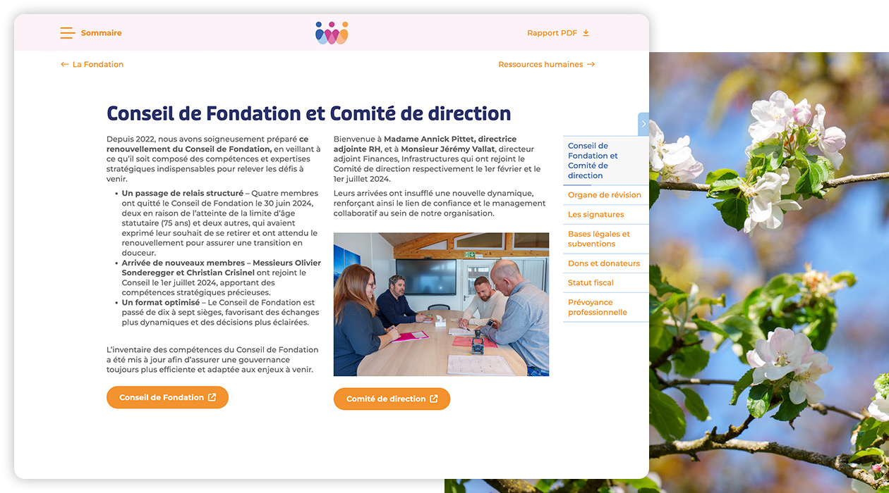 Page de contenu avec son menu à ancres facilitant la lecture du rapport