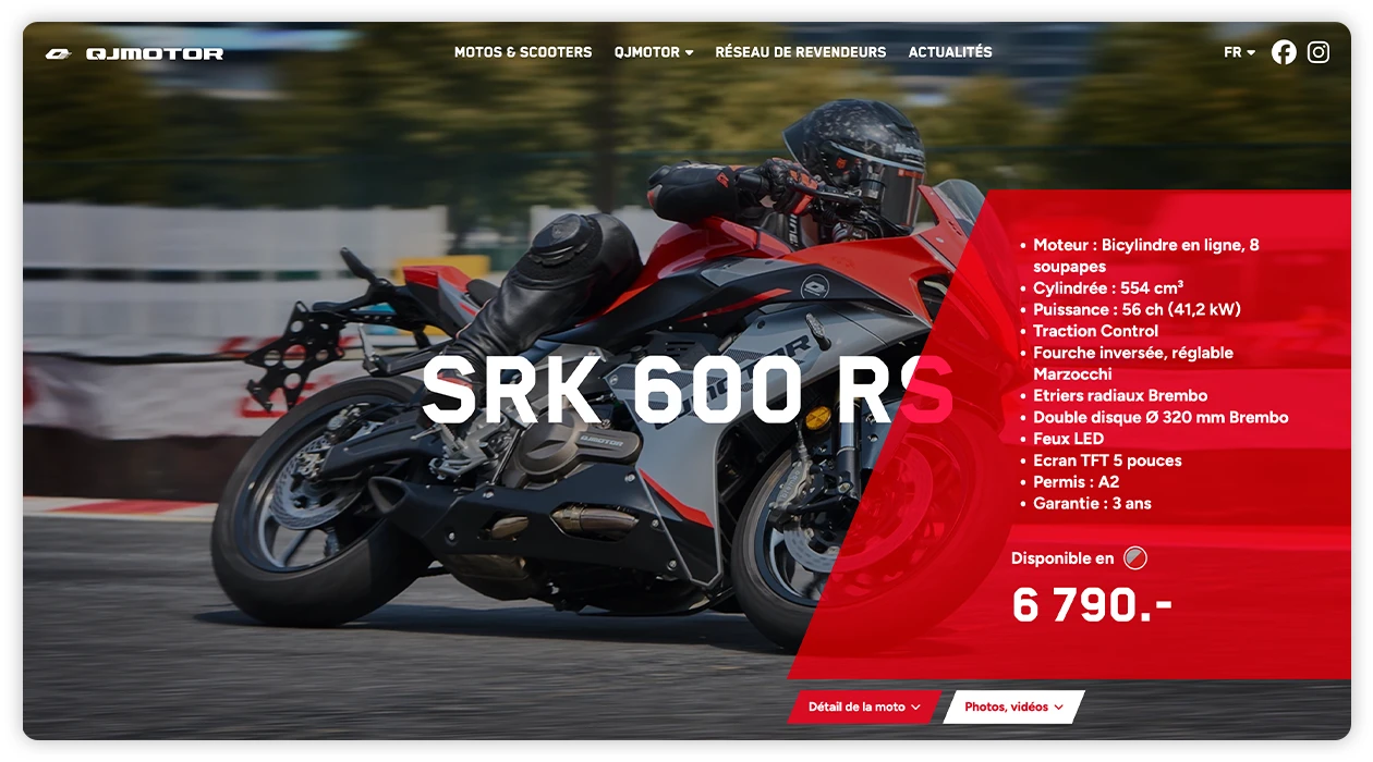 Hero zone de la moto SRK 600 RR avec son résumé technique