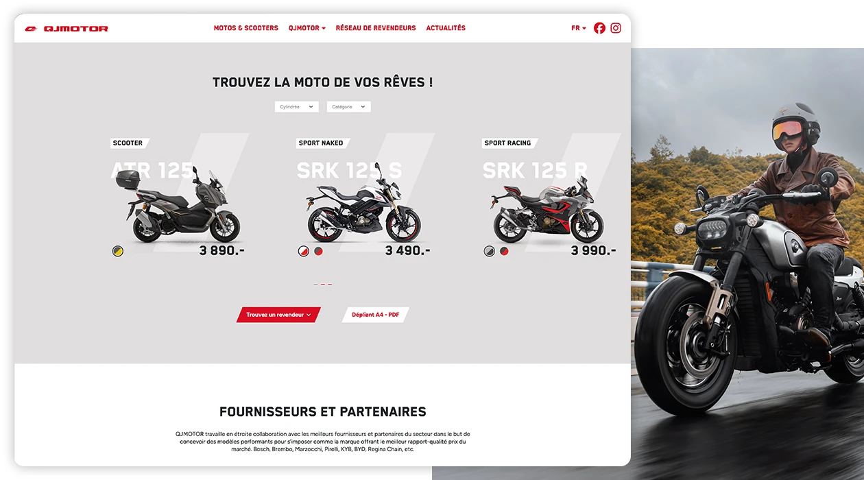 Capture d'écran de la page d'accueil avec le sélecteur de motos avec une image du SRV600 V4
