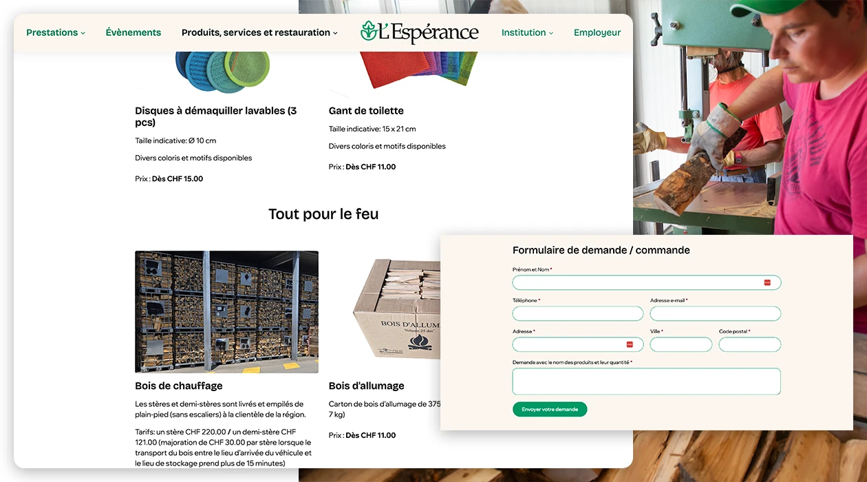 Captures d'écran de la page boutique avec le formulaire de commande