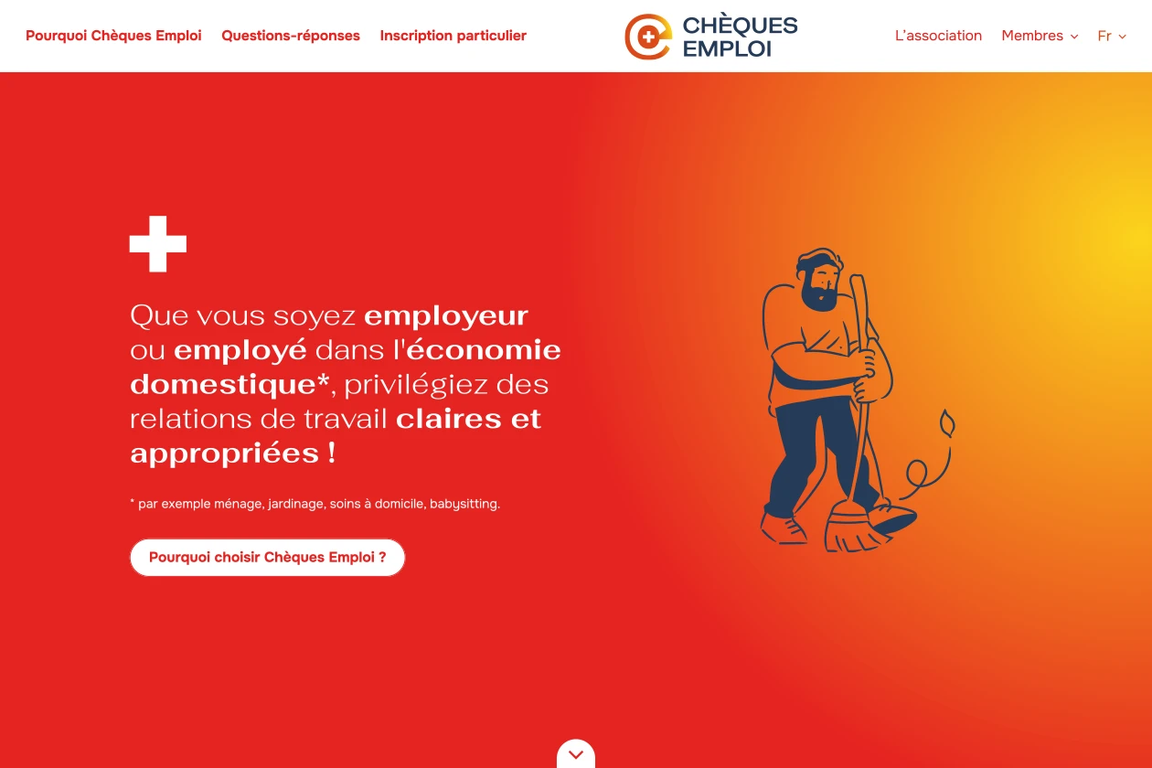 Page d'accueil avec le menu et la présentation de Chèques Emploi Suisse