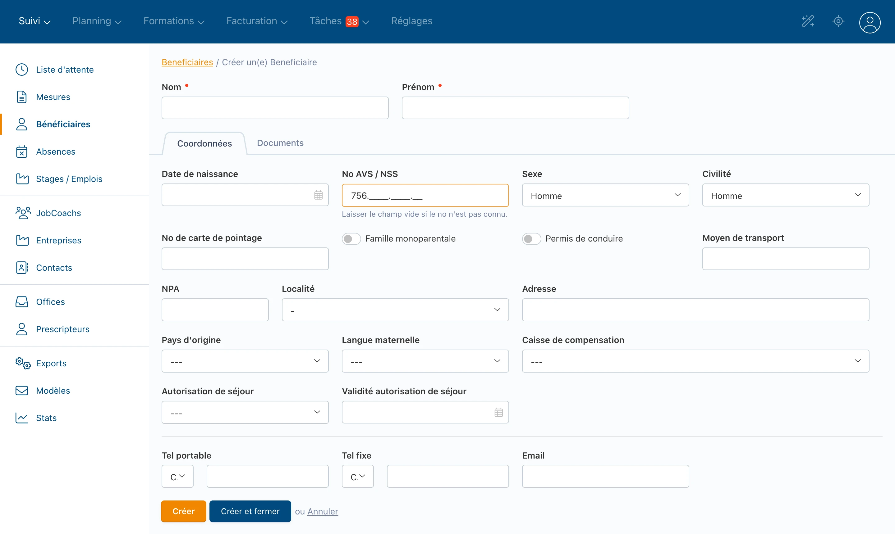 Interface bénéficiaires